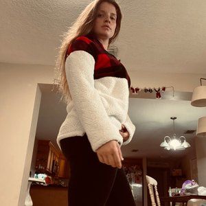 Plaid and white fleece pullover